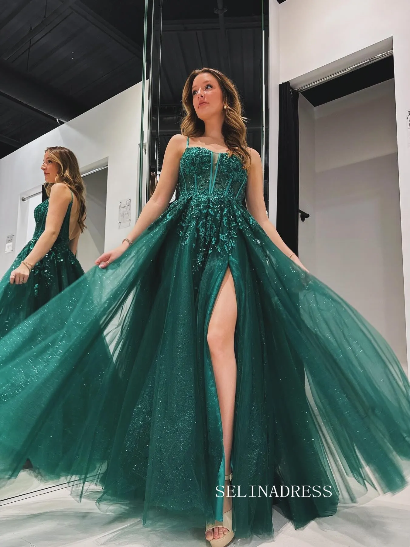 A line Illusion V neck Appliques Long Sparkly Prom Formal Dress With High Split sew1080