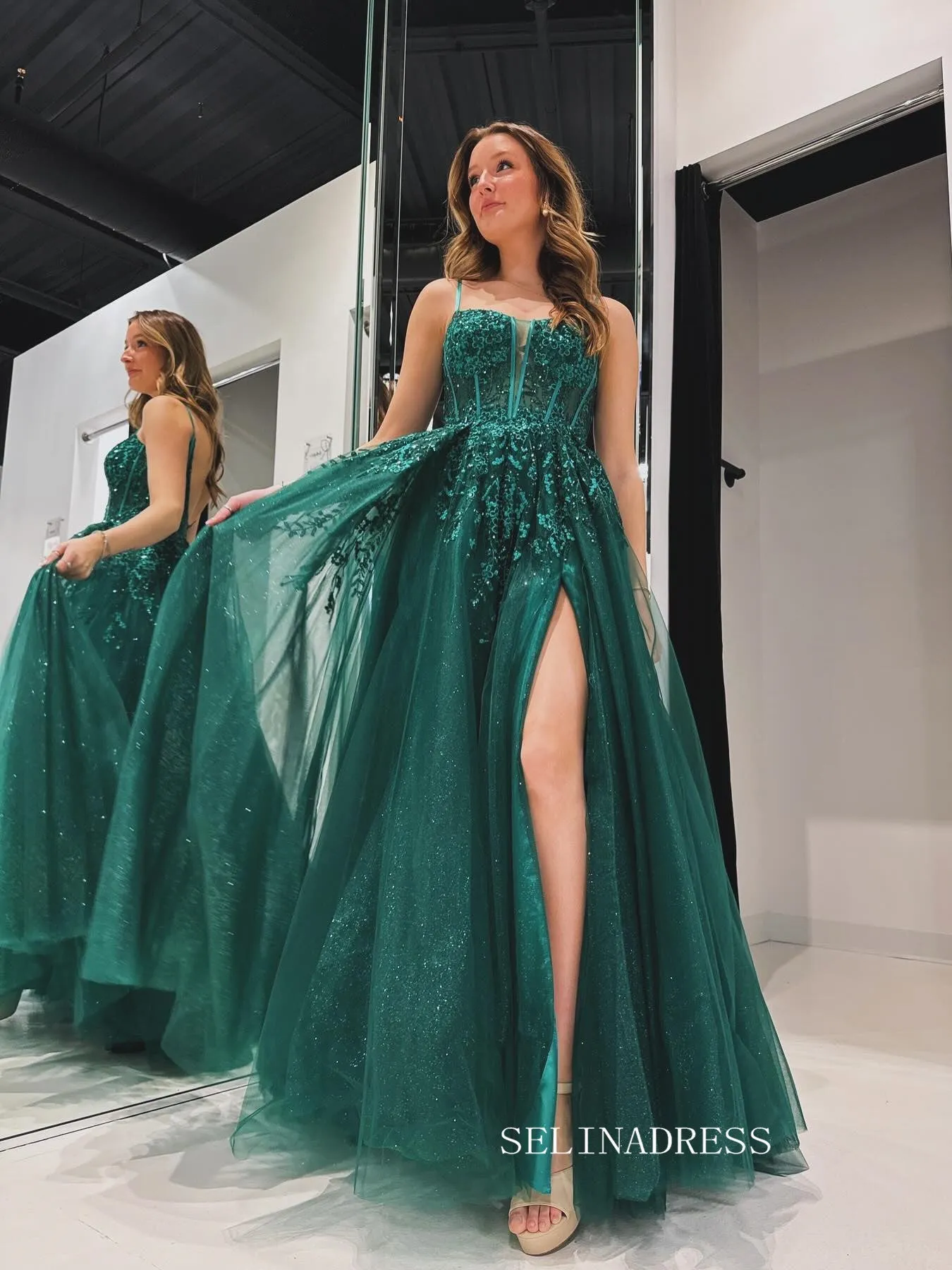A line Illusion V neck Appliques Long Sparkly Prom Formal Dress With High Split sew1080