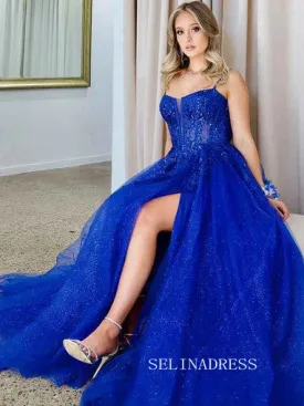 A line Illusion V neck Appliques Long Sparkly Prom Formal Dress With High Split sew1080