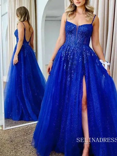 A line Illusion V neck Appliques Long Sparkly Prom Formal Dress With High Split sew1080