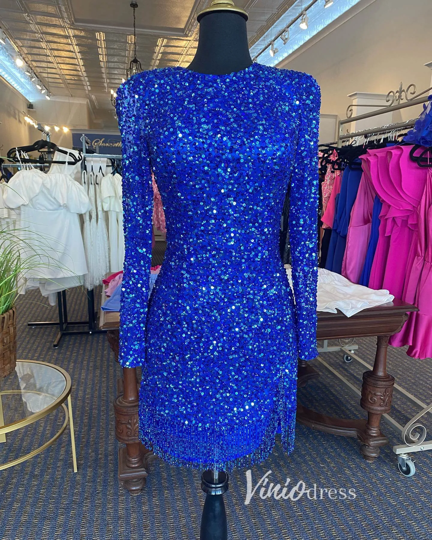 Beaded Long Sleeve Sequin Cocktail Dress Short Prom Dress SD1594