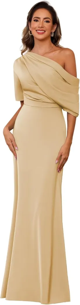 BITALY One Shoulder Satin Mother of The Bride Dress for Wedding with Sleeves Formal Dress for Women BI157