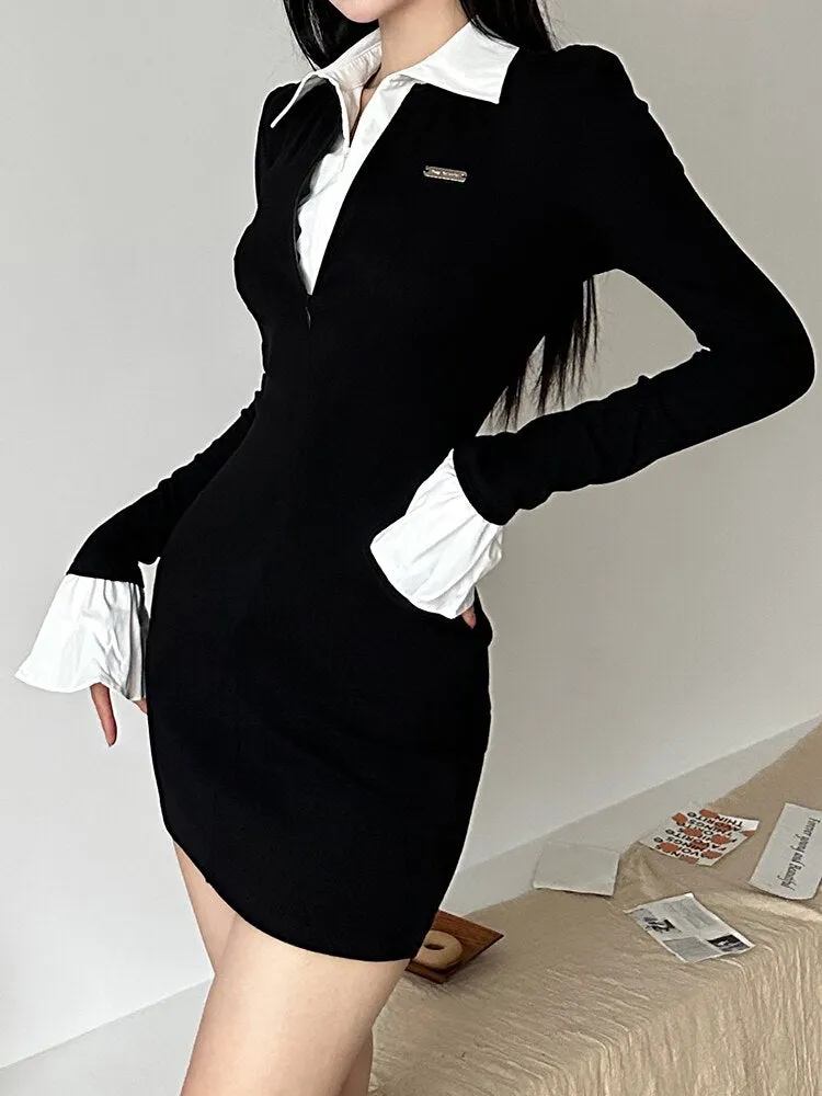 Black Flare Sleeve Slim Turn-Down Dress