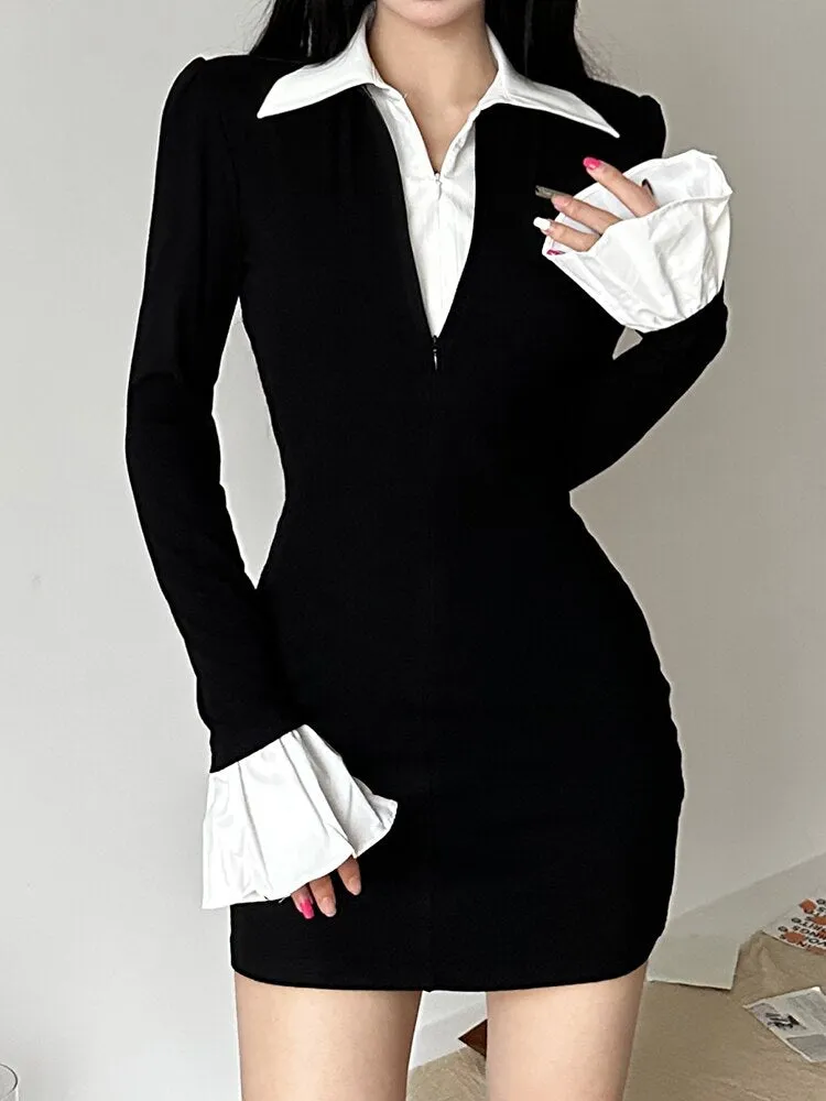 Black Flare Sleeve Slim Turn-Down Dress