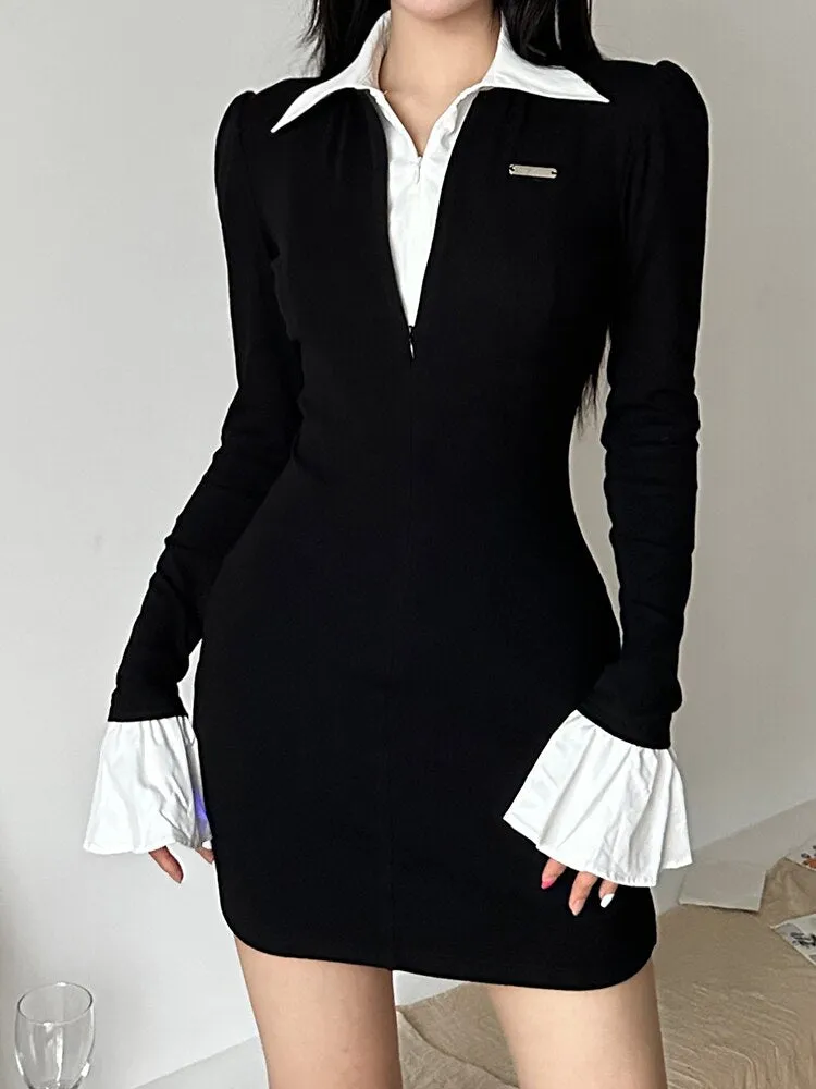 Black Flare Sleeve Slim Turn-Down Dress