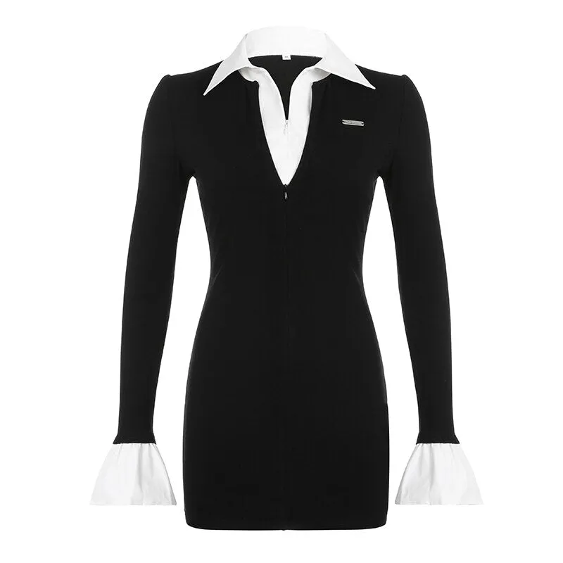 Black Flare Sleeve Slim Turn-Down Dress