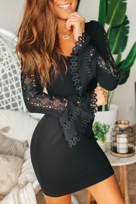 Black Short Dress with Crochet Long Sleeves