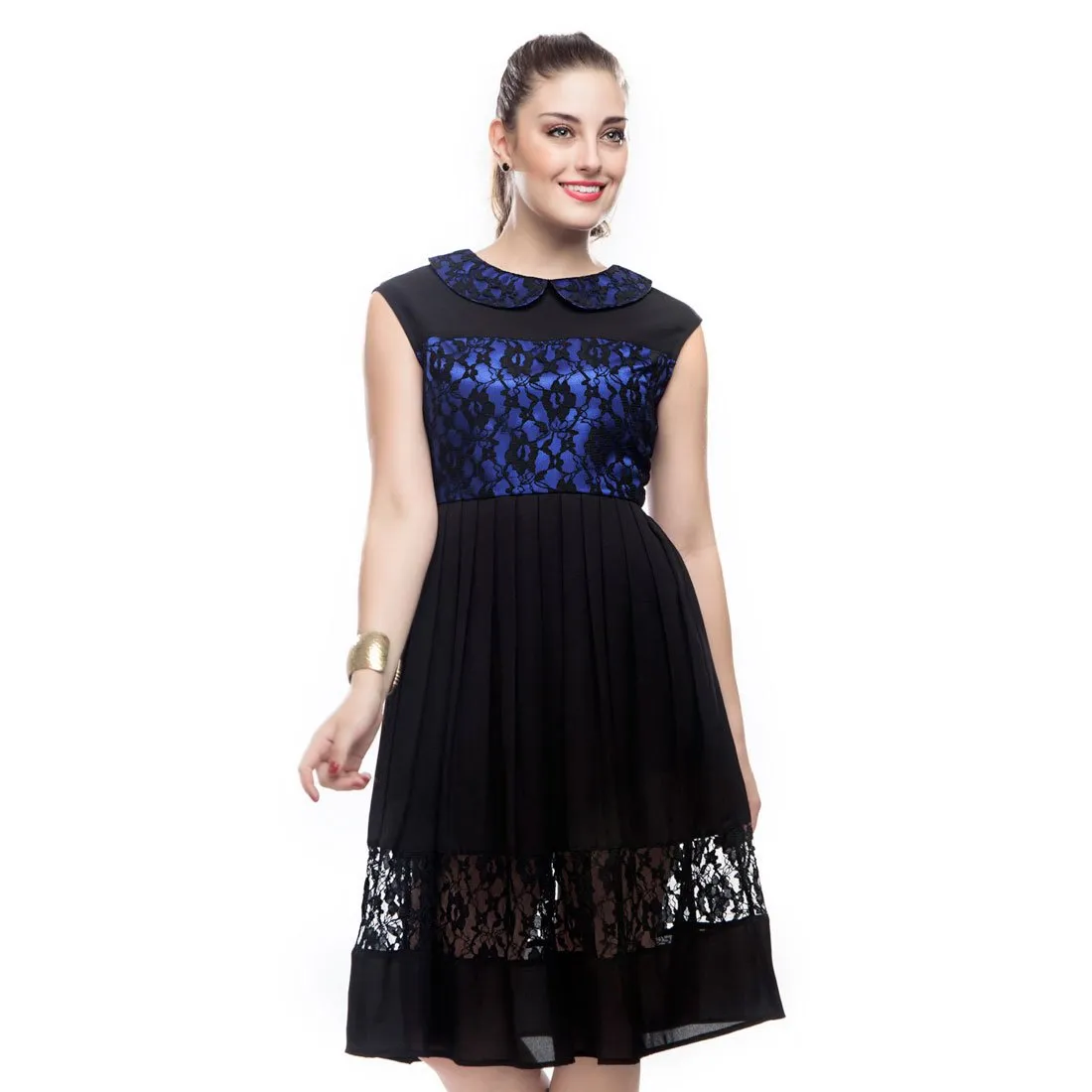 Blue Satin Collar Ladies Short Dress