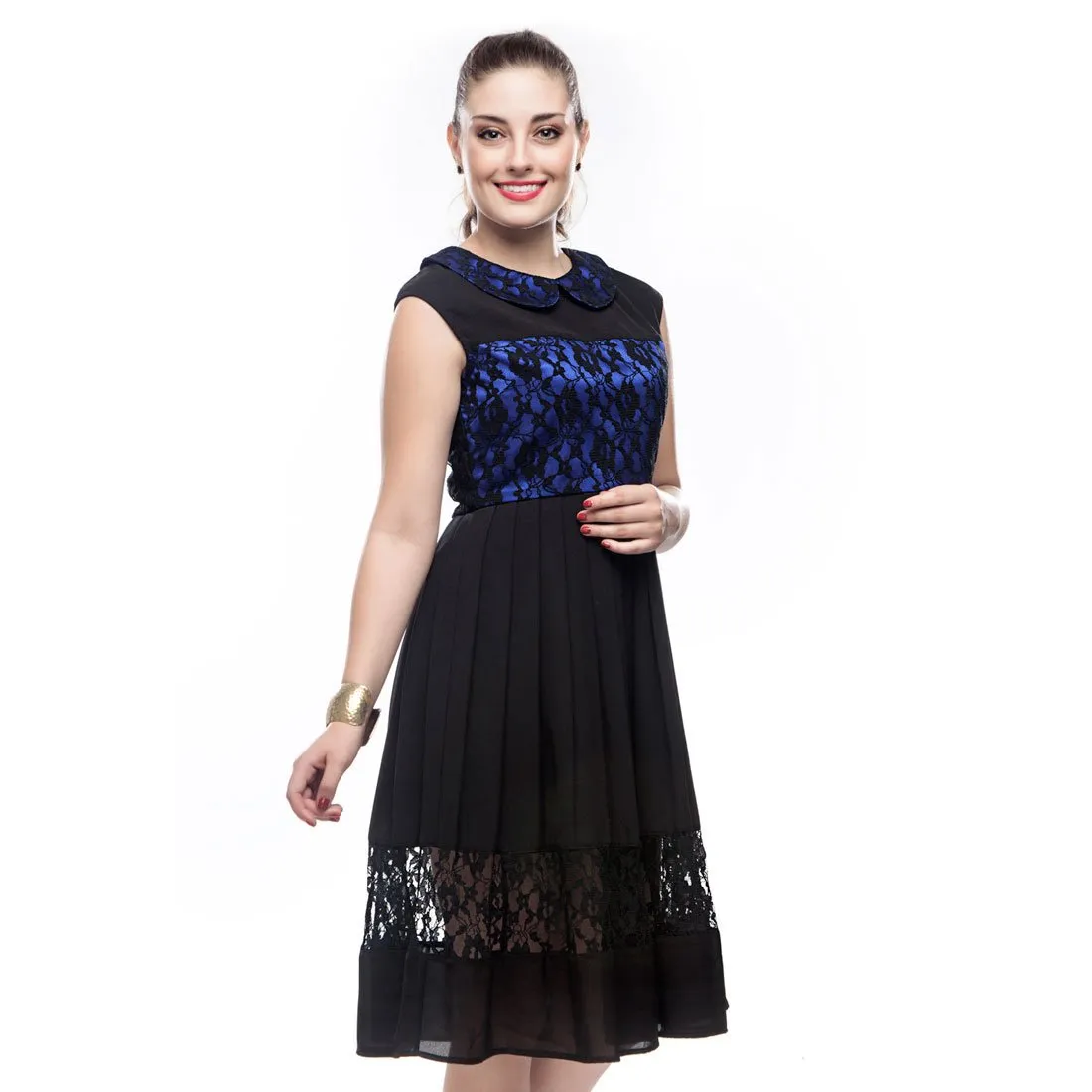 Blue Satin Collar Ladies Short Dress