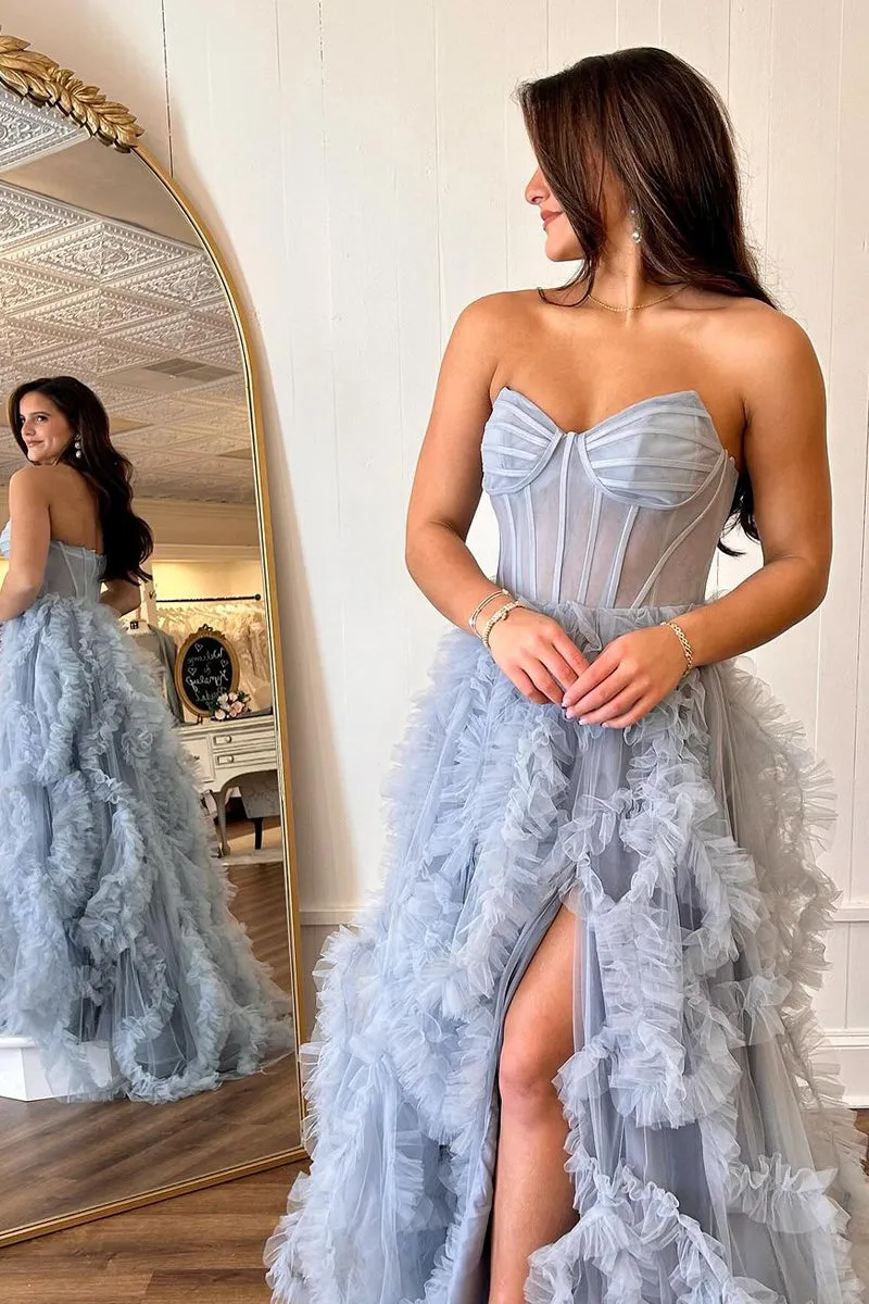 Blue Strapless Ruffle Tulle A-Line Long Prom Dresses with Slit VK24032004