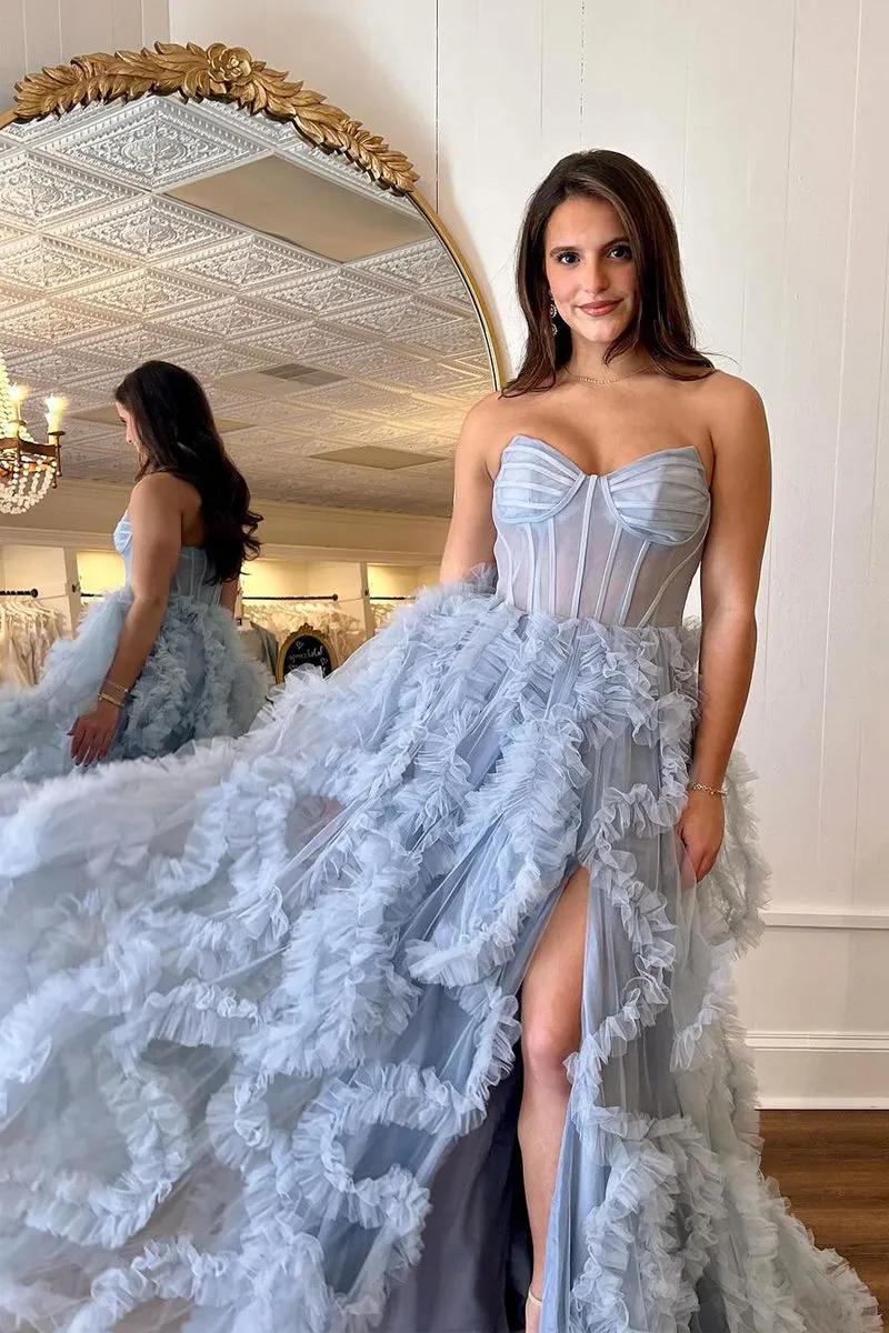 Blue Strapless Ruffle Tulle A-Line Long Prom Dresses with Slit VK24032004
