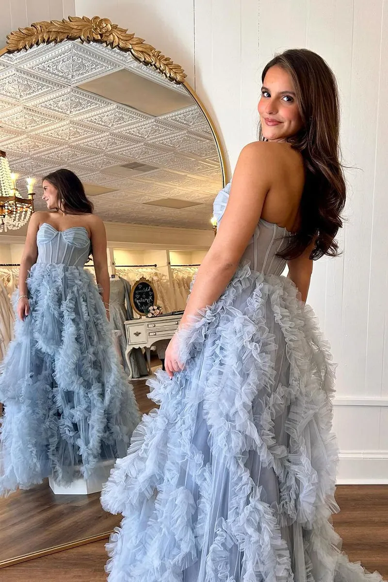 Blue Strapless Ruffle Tulle A-Line Long Prom Dresses with Slit VK24032004
