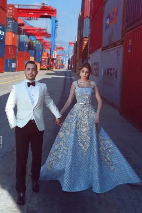 boat neck blue prom ball gown lace appliqué modest inexpensive elegant prom dresses long