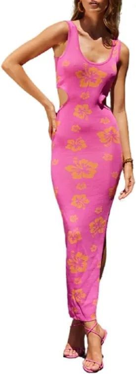 Bodycon Dresses for Women Summer Knit Hollow Out Sexy Night Out Midi Maxi Dress Sleeveless Long Cut Out Dress