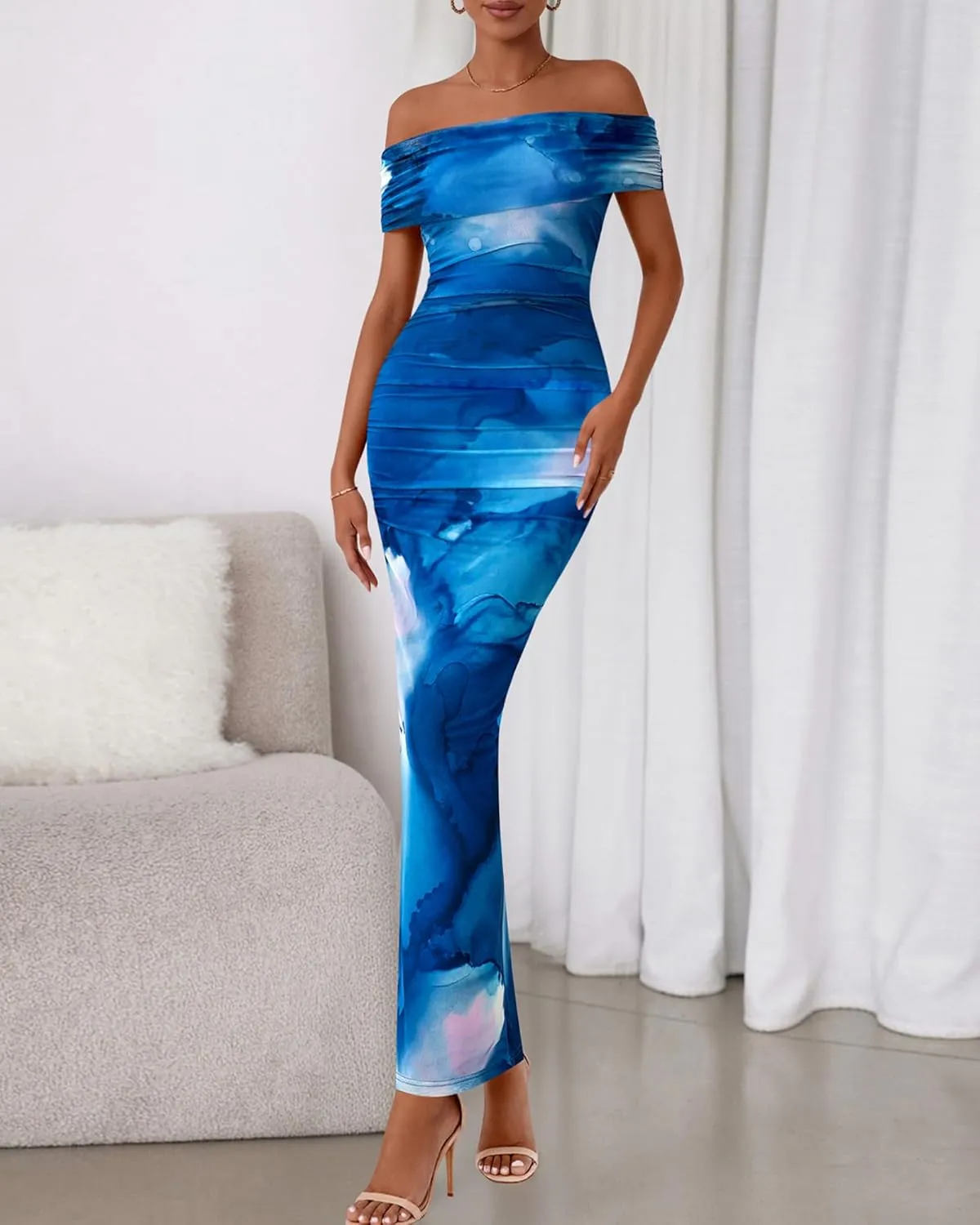 BTFBM Off Shoulder Bodycon Dresses for Women 2025 Summer Ruched Split Mesh Cocktail Party Club Floral Maxi Dress