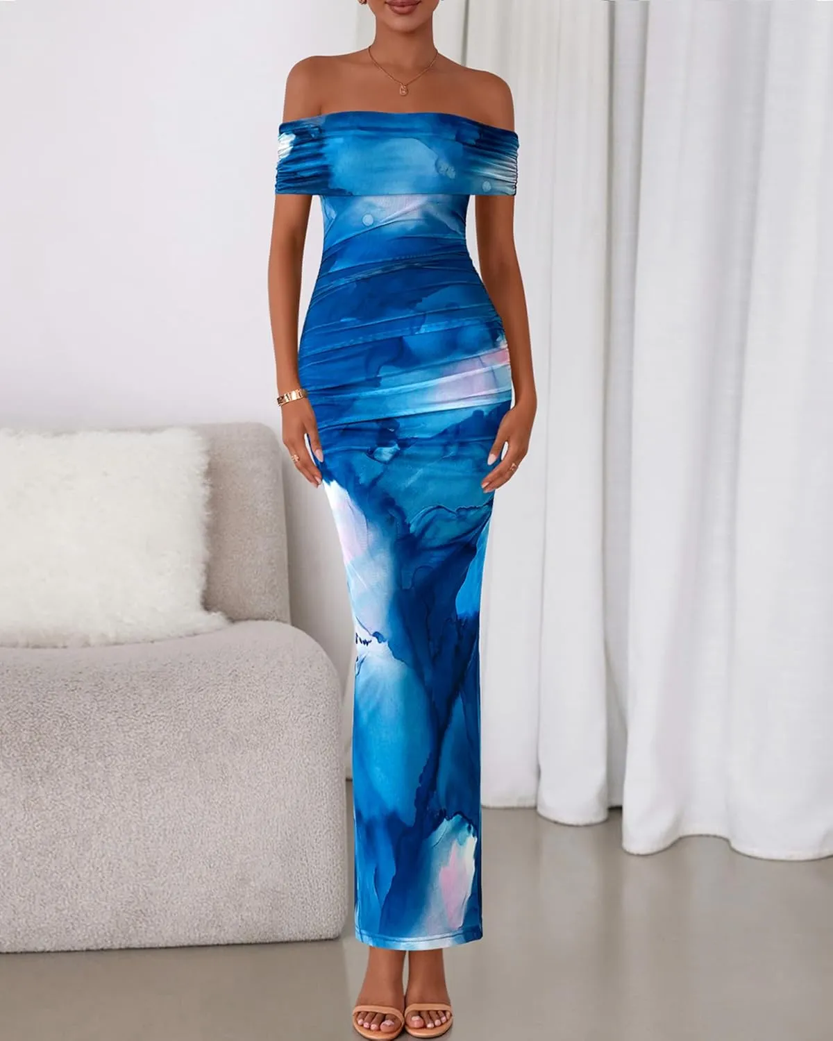 BTFBM Off Shoulder Bodycon Dresses for Women 2025 Summer Ruched Split Mesh Cocktail Party Club Floral Maxi Dress