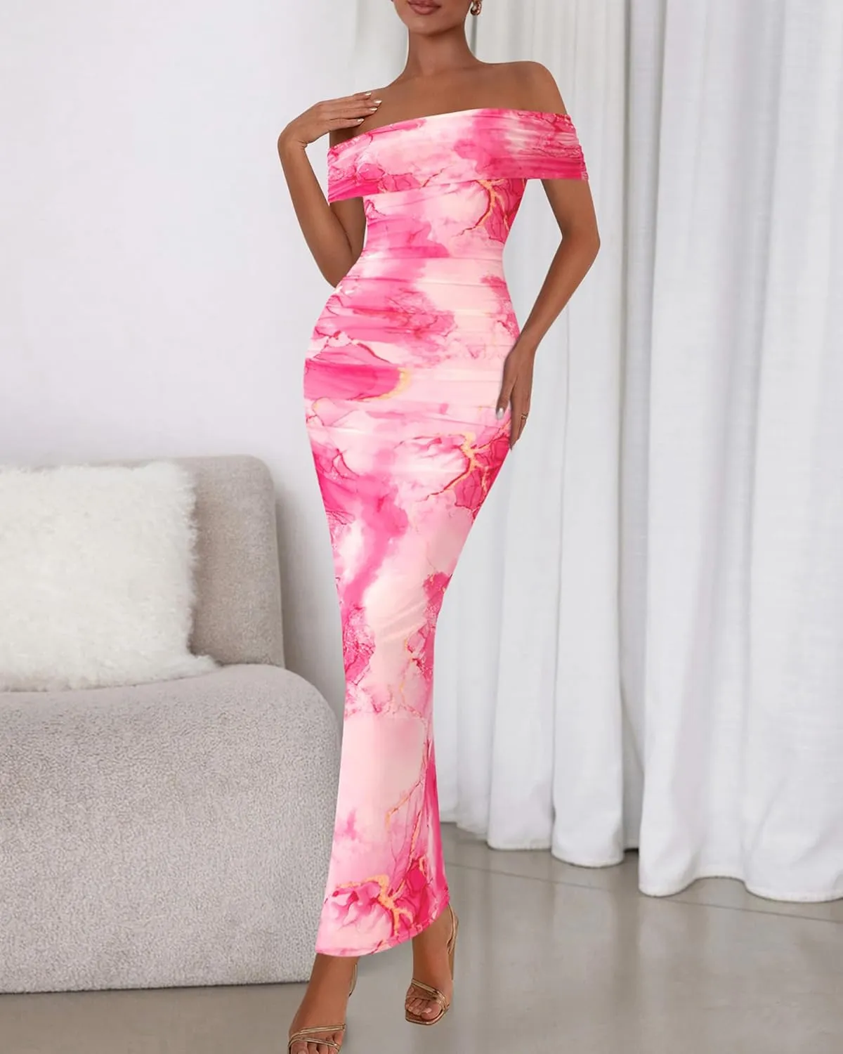 BTFBM Off Shoulder Bodycon Dresses for Women 2025 Summer Ruched Split Mesh Cocktail Party Club Floral Maxi Dress