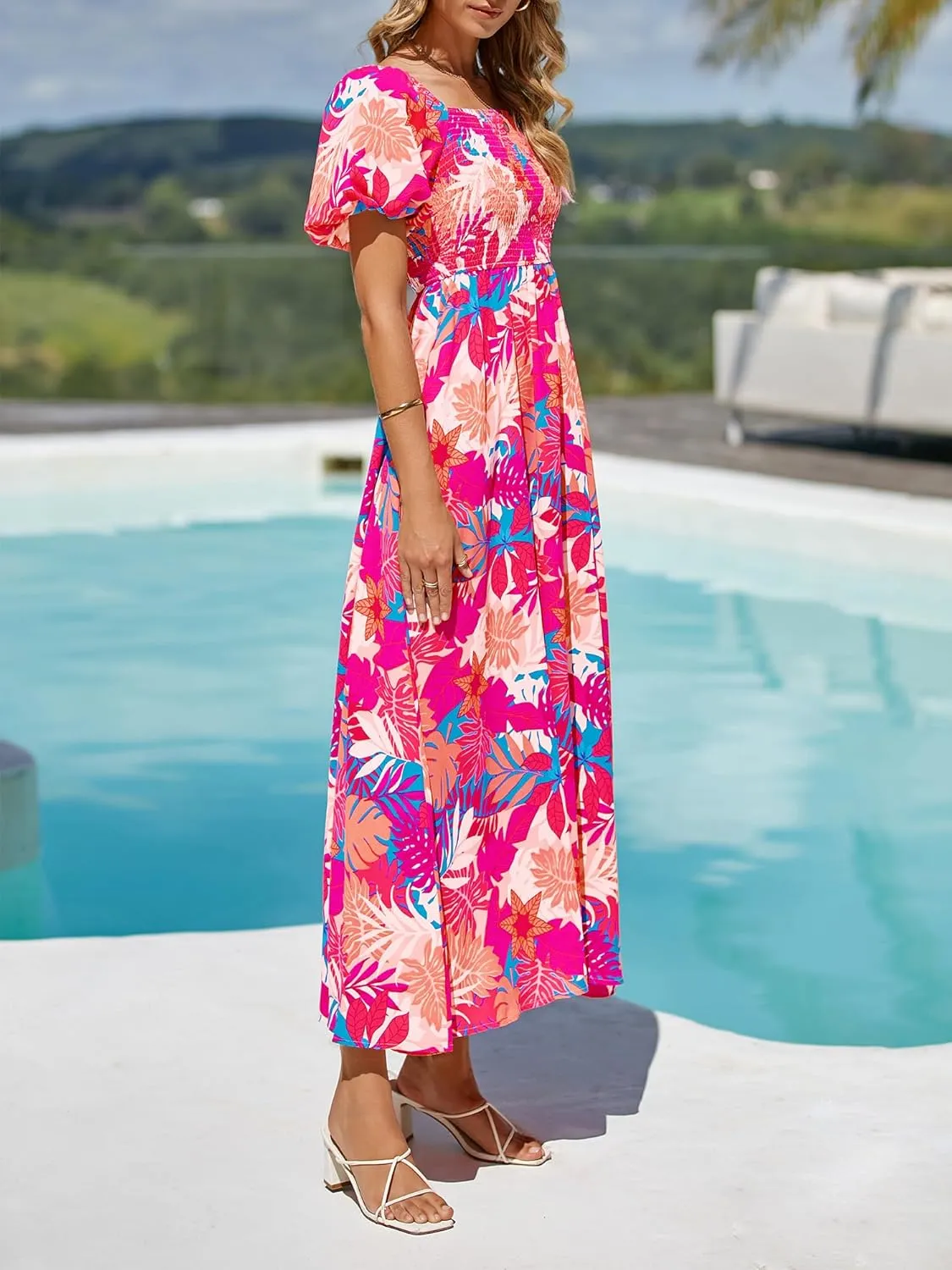 BTFBM Womens Summer 2025 Casual Maxi Dresses Short Sleeve Smocked Tiered Floral Boho Long Beach Dress with Pockets