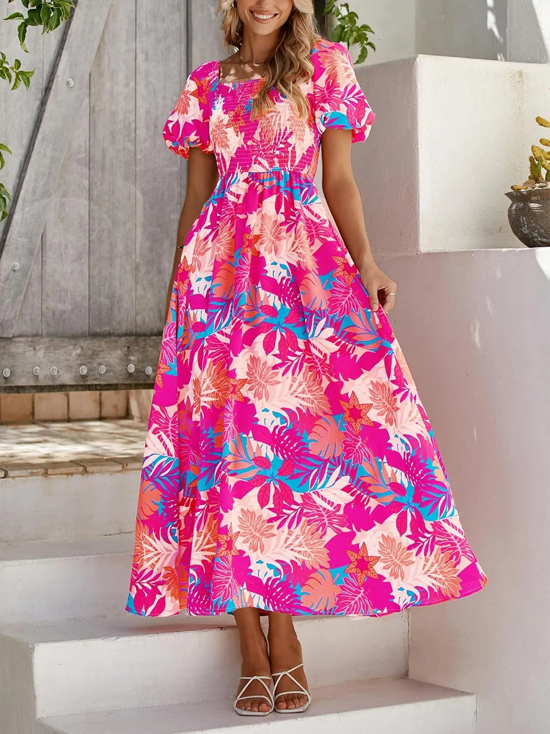 BTFBM Womens Summer 2025 Casual Maxi Dresses Short Sleeve Smocked Tiered Floral Boho Long Beach Dress with Pockets