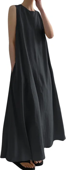 CHARTOU Women Casual Cotton Linen Sleeveless Maxi Dress Ruffle Shift Dress Flowy Beach Summer Long Tank Dress