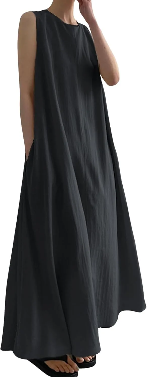CHARTOU Women Casual Cotton Linen Sleeveless Maxi Dress Ruffle Shift Dress Flowy Beach Summer Long Tank Dress