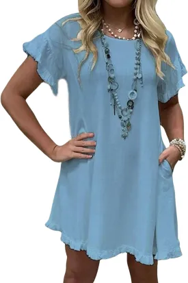 CHARTOU Women Loose Linen Mini Dress Summer Modest Frayed T Shirt Dress Flowy Ruffle Short Sleeve Shift Dress Pocket