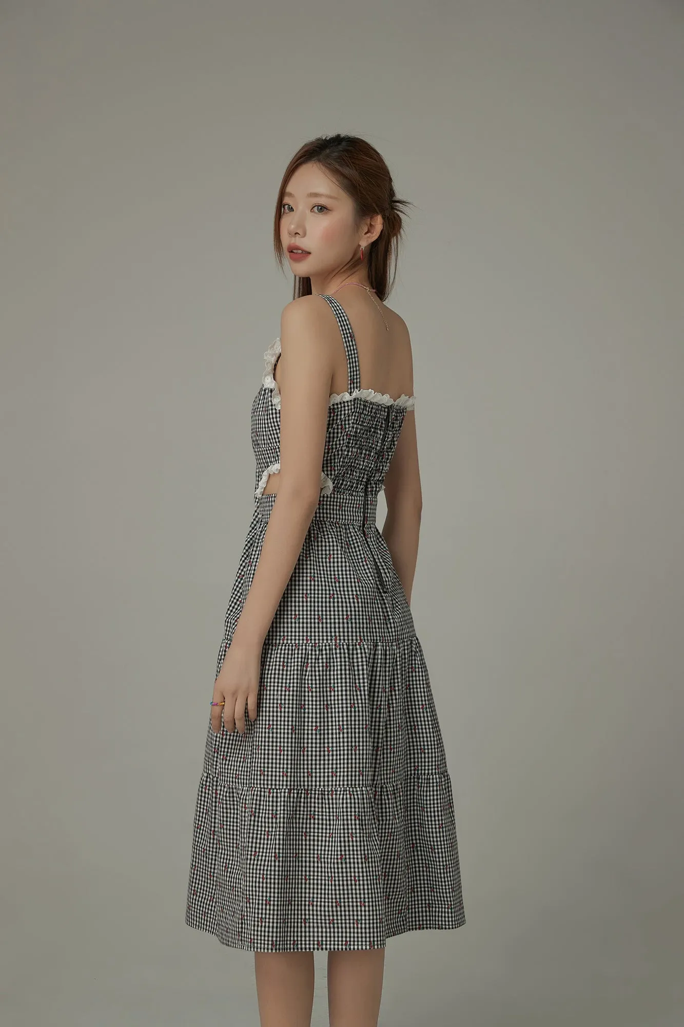Check Cherry Sleeveless Bustier Long Dress