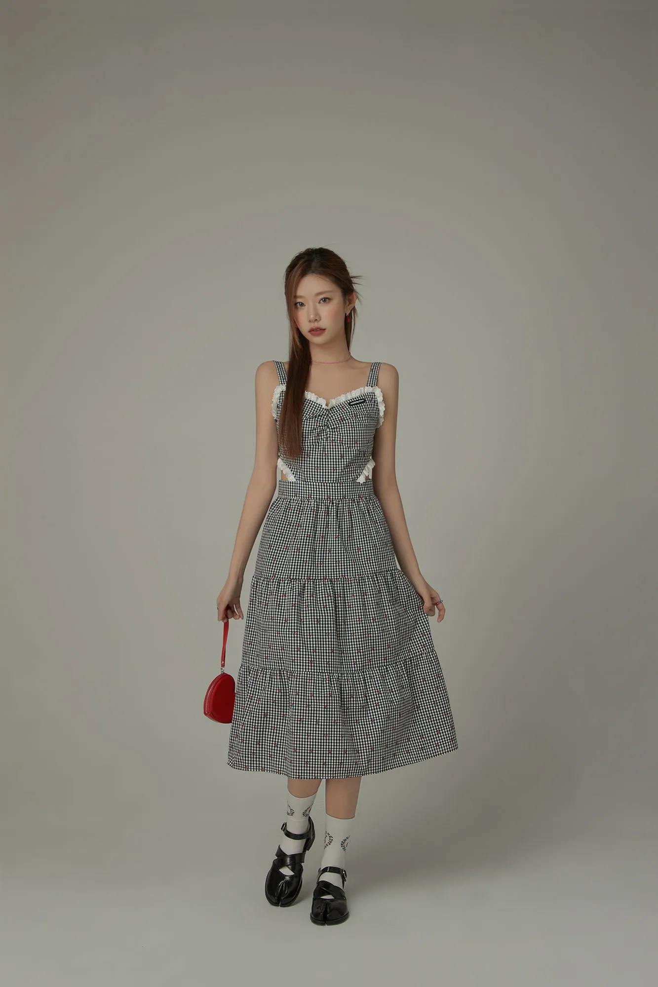 Check Cherry Sleeveless Bustier Long Dress