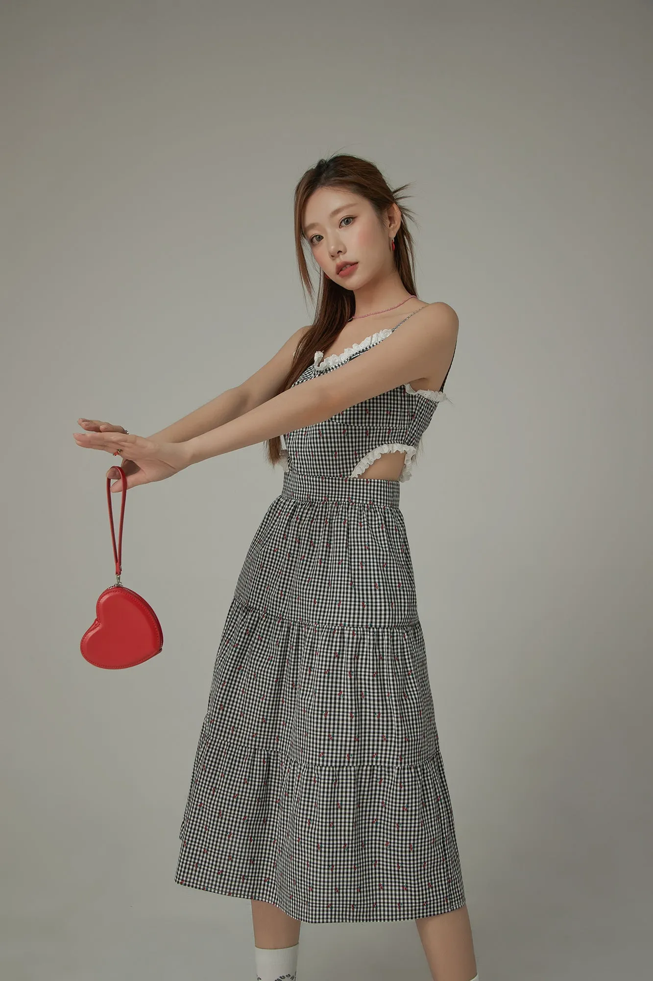 Check Cherry Sleeveless Bustier Long Dress