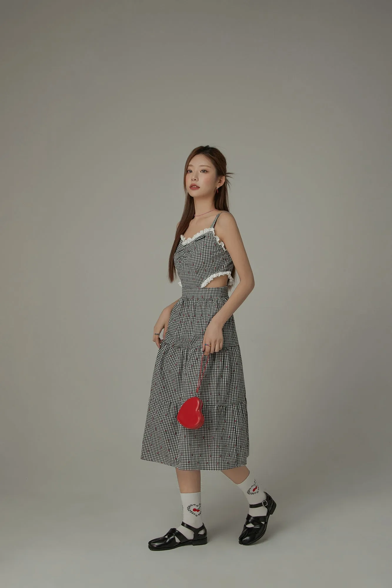 Check Cherry Sleeveless Bustier Long Dress