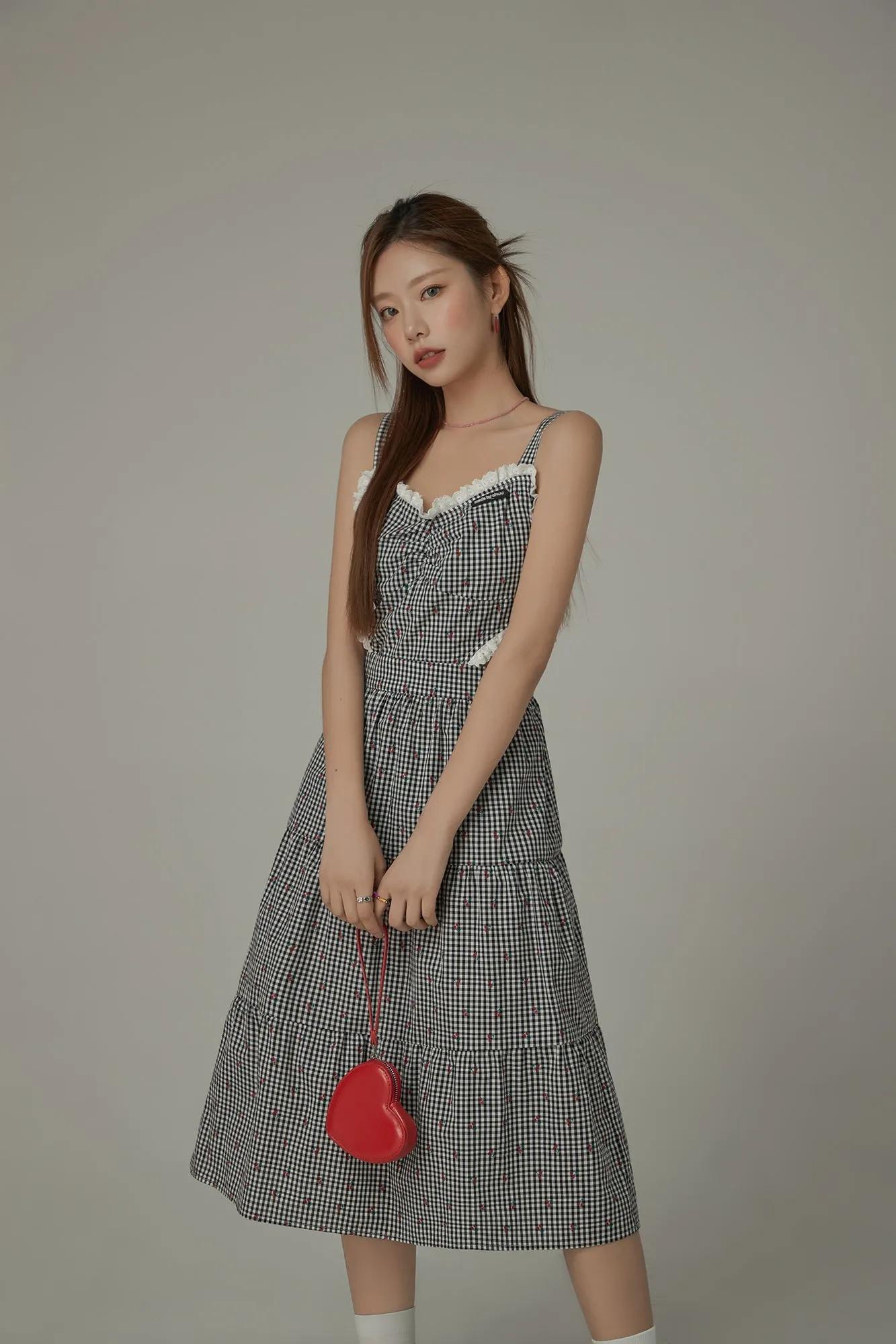Check Cherry Sleeveless Bustier Long Dress