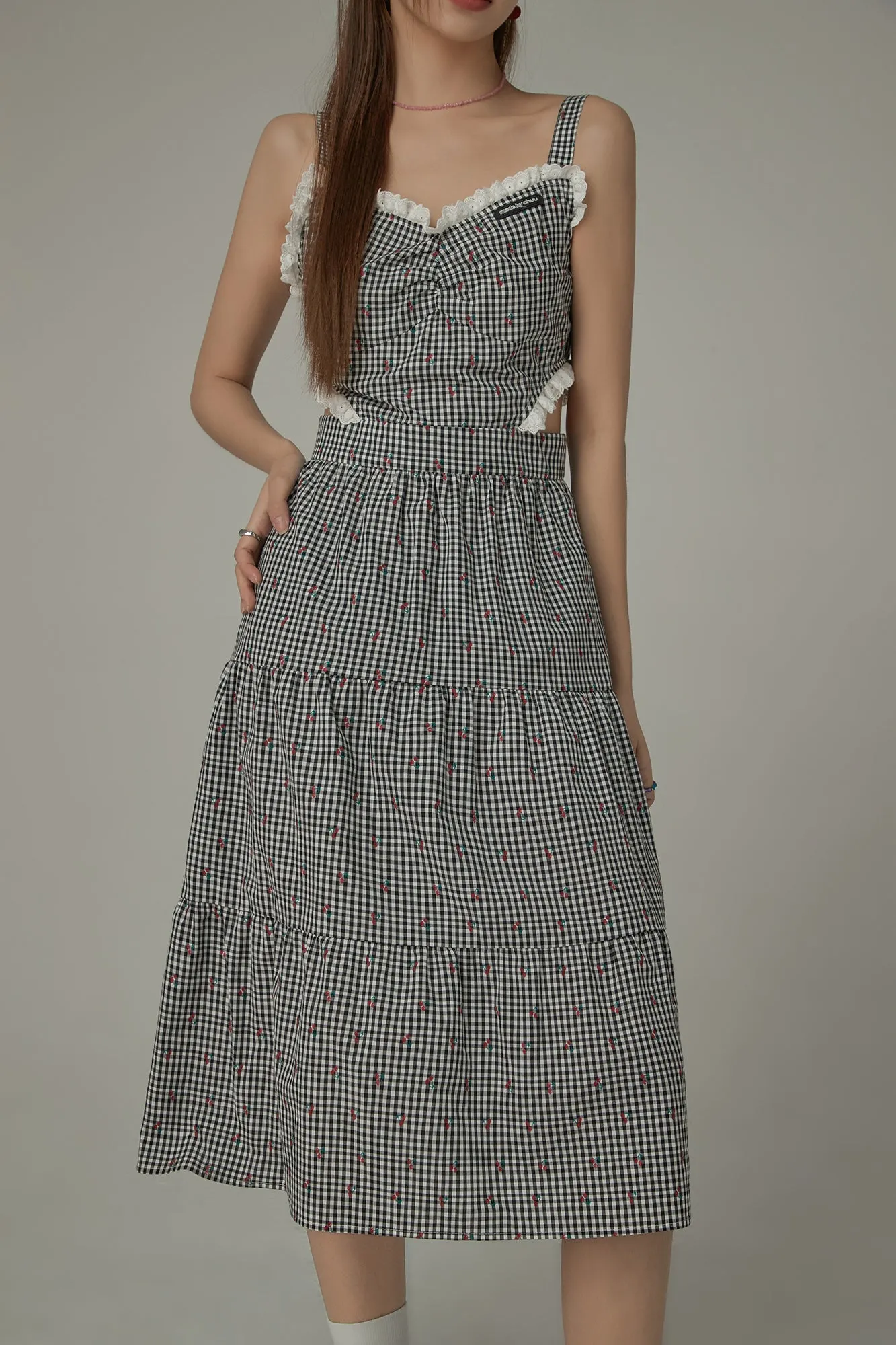 Check Cherry Sleeveless Bustier Long Dress
