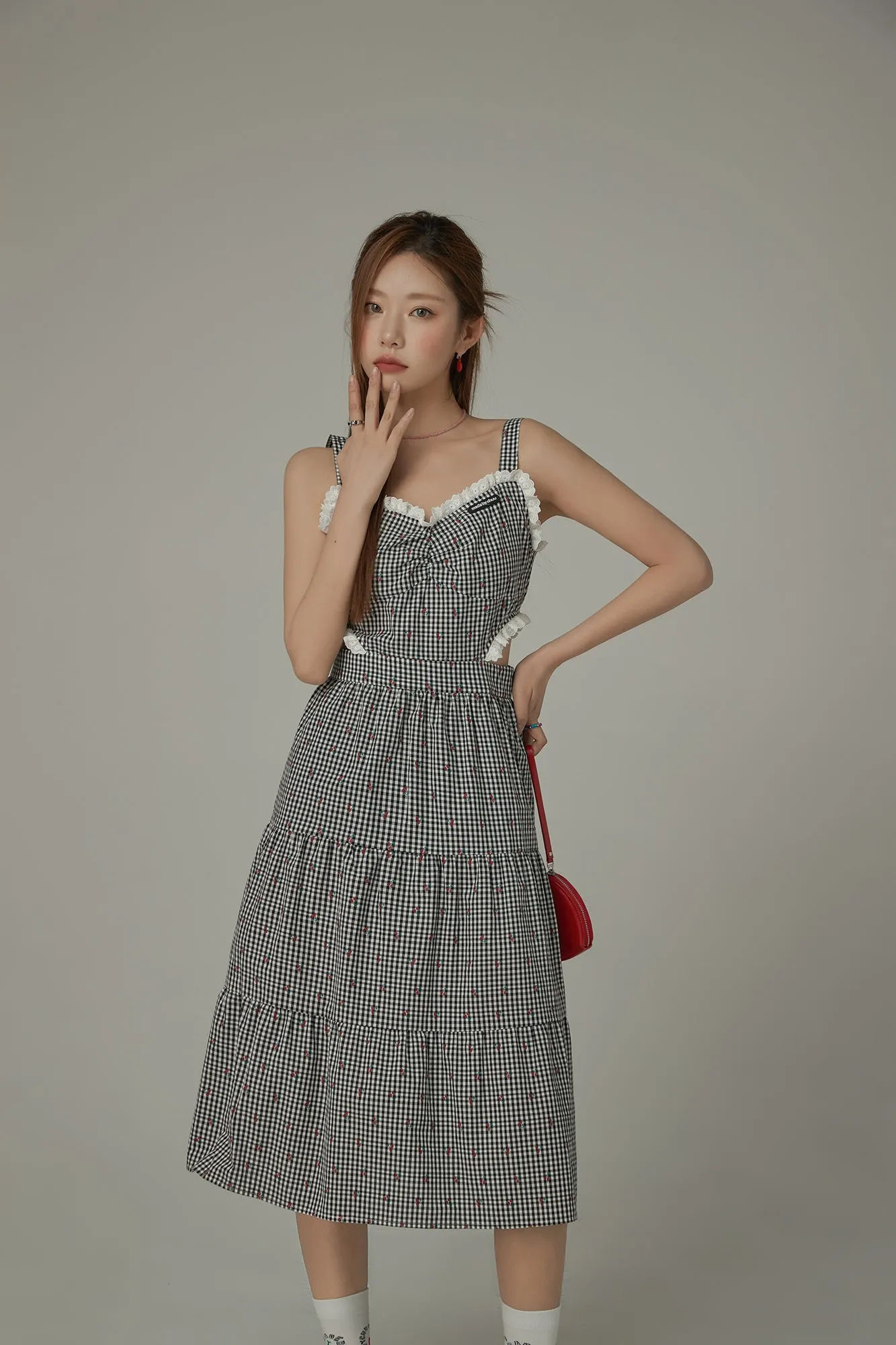 Check Cherry Sleeveless Bustier Long Dress