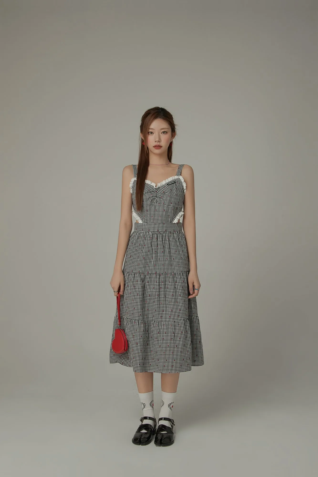 Check Cherry Sleeveless Bustier Long Dress