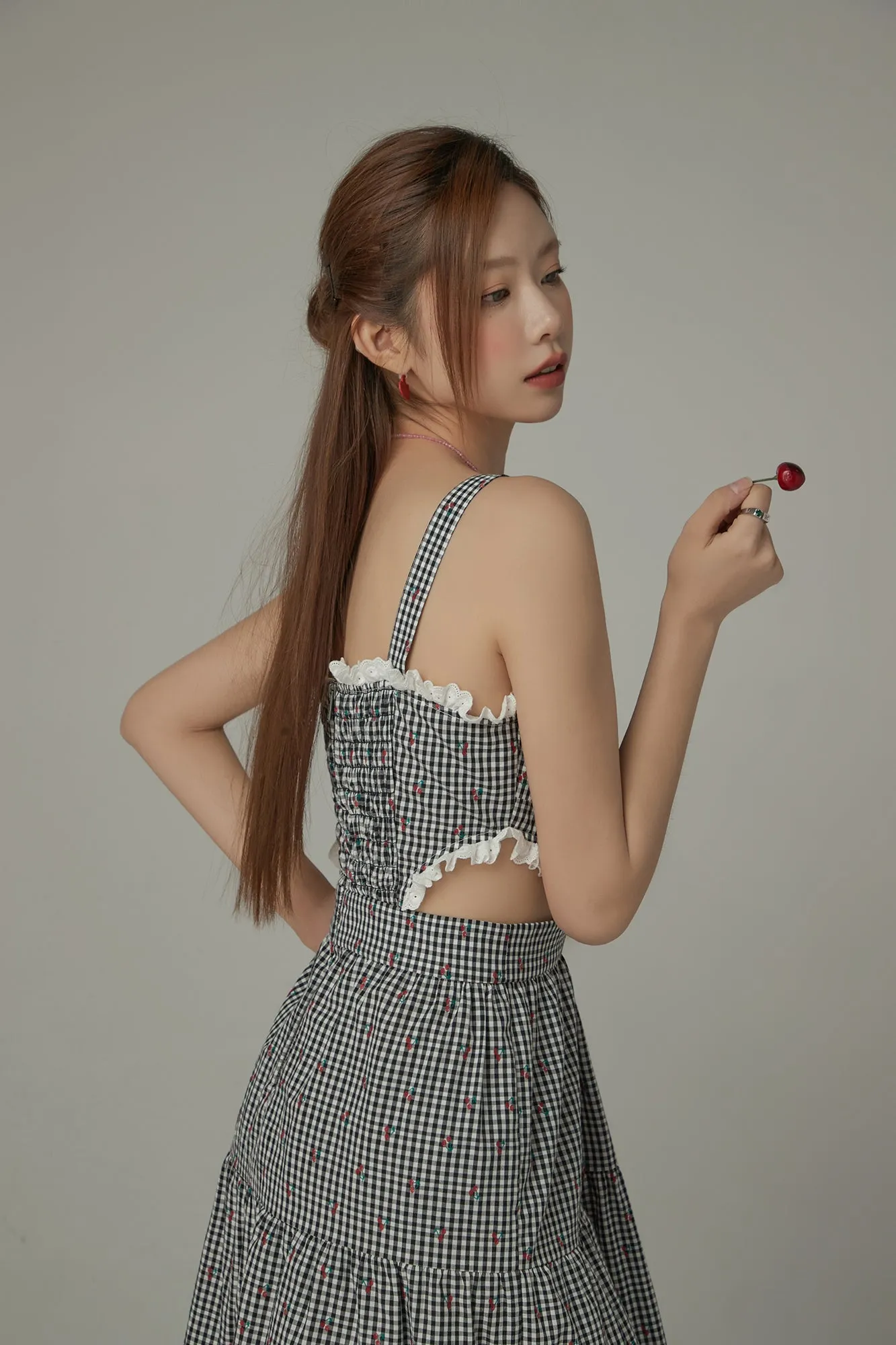 Check Cherry Sleeveless Bustier Long Dress