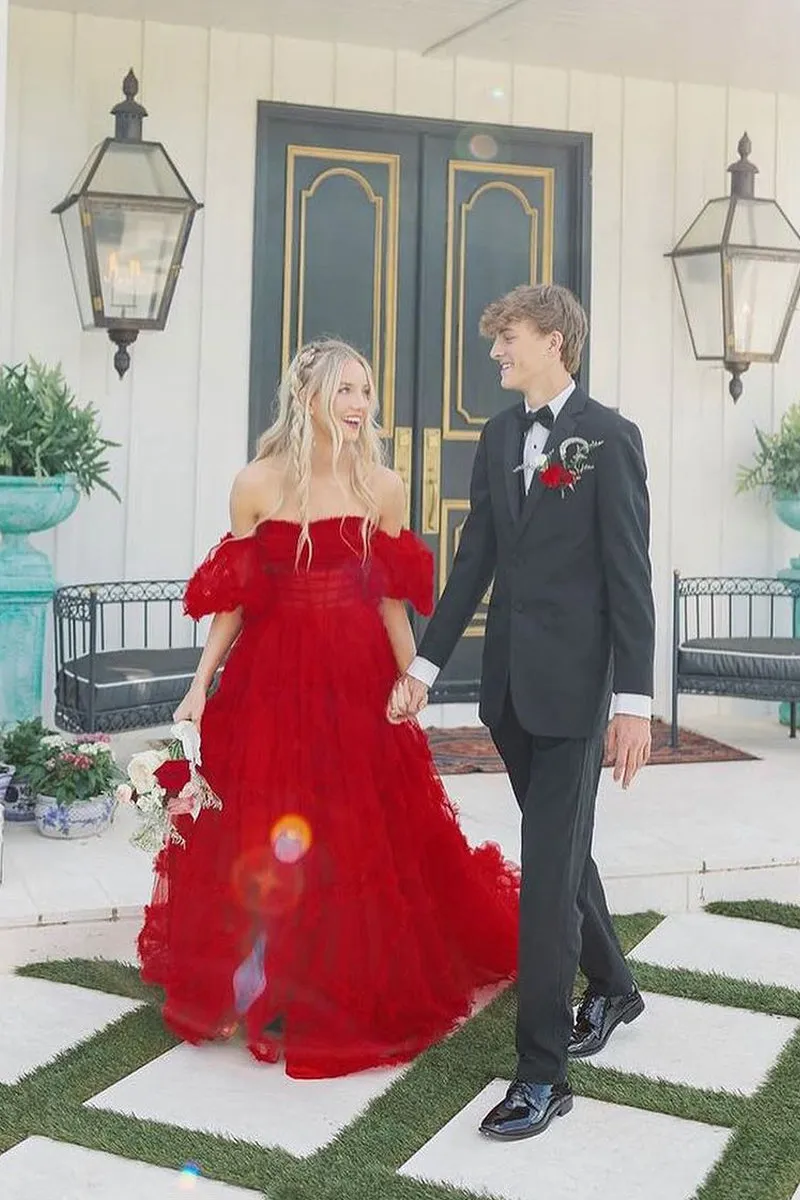 Cute Red Strapless Ruffle Tiered Tulle Prom Dresses with Sleeves VK0731153