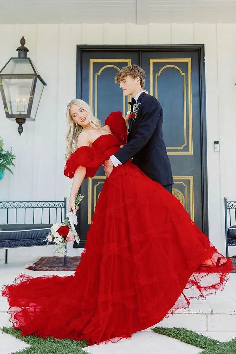 Cute Red Strapless Ruffle Tiered Tulle Prom Dresses with Sleeves VK0731153