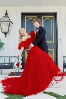 Cute Red Strapless Ruffle Tiered Tulle Prom Dresses with Sleeves VK0731153