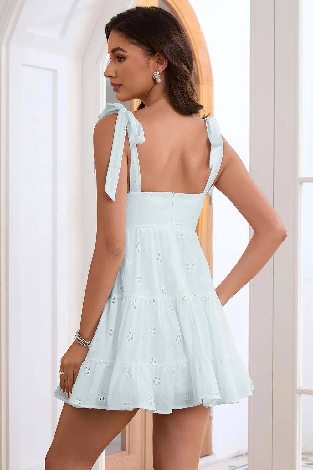 Cute Short Dresses for Women Deep V Neck Empire Waist Sundress Tie Shoulder Tiered A Line Short Mini Dress