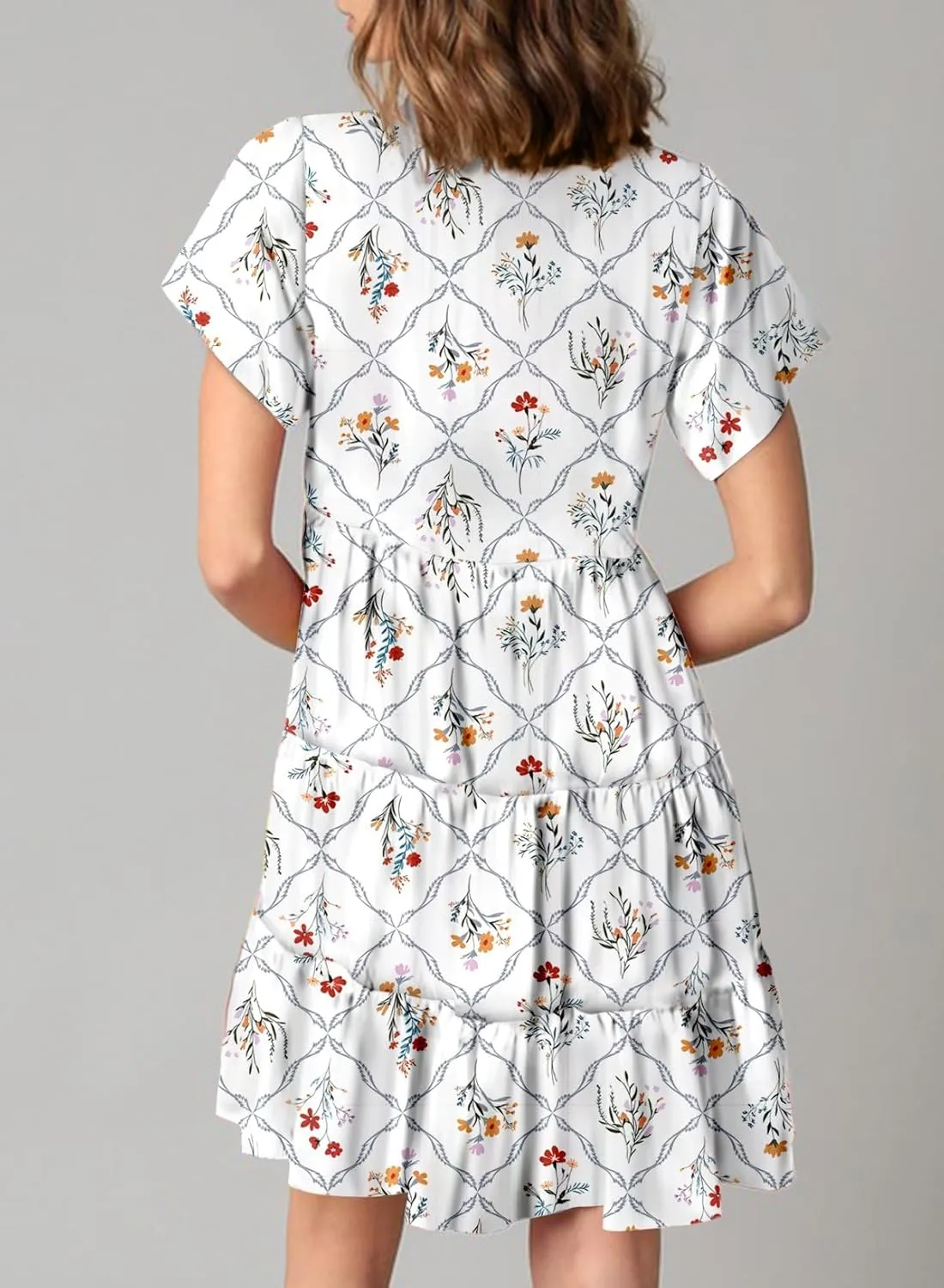 Dokotoo Womens Summer Casual Boho Floral Dresses V Neck Short Sleeve Sundresses Flowy Swing A-Line Mini Dress