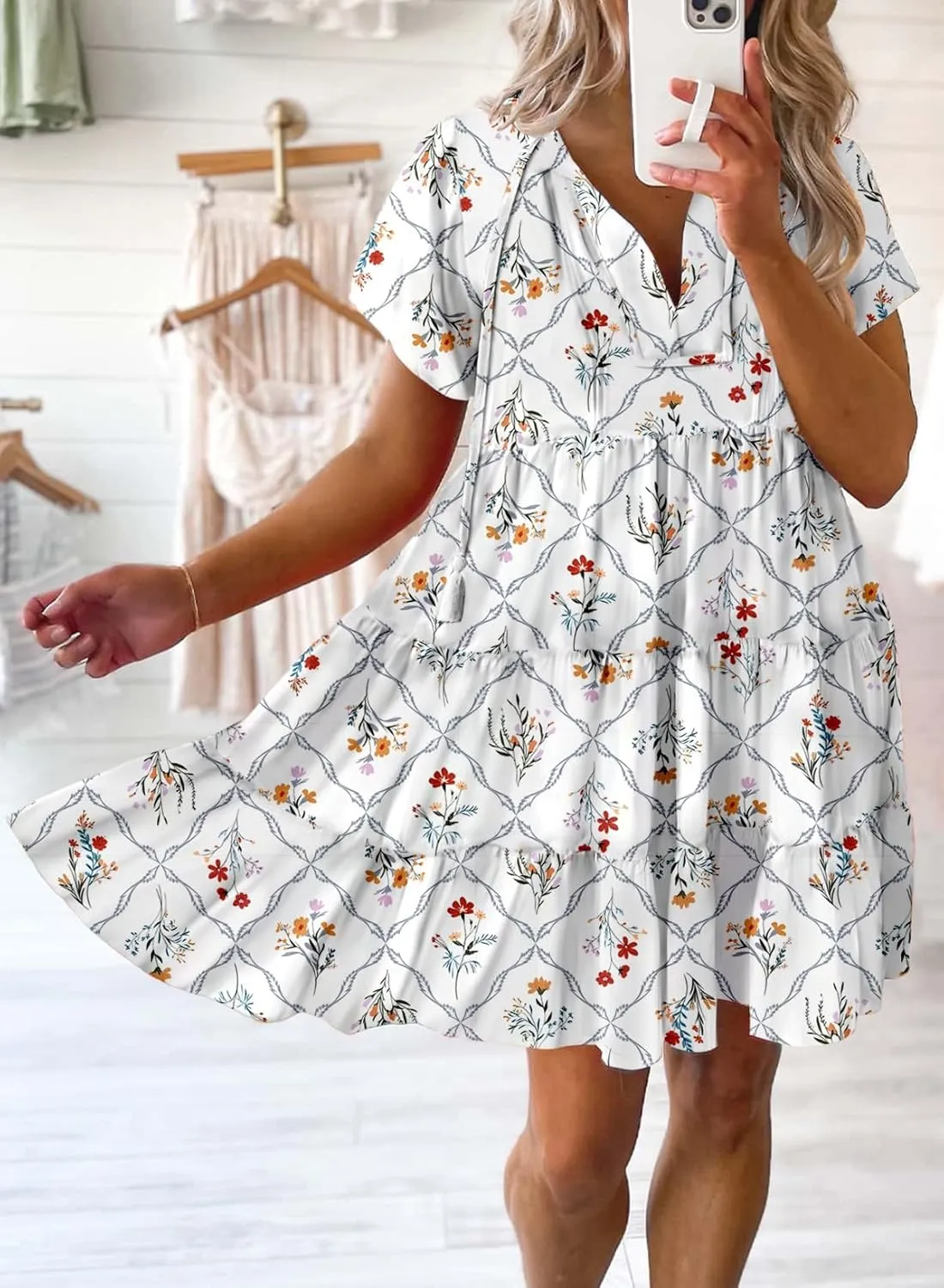 Dokotoo Womens Summer Casual Boho Floral Dresses V Neck Short Sleeve Sundresses Flowy Swing A-Line Mini Dress