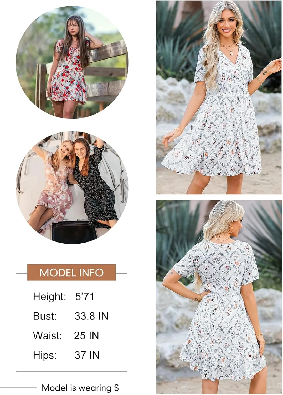 Dokotoo Womens Summer Casual Boho Floral Dresses V Neck Short Sleeve Sundresses Flowy Swing A-Line Mini Dress