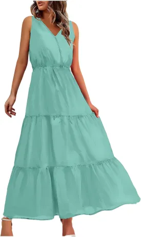 DOLKFU Womens Summer Dresses V Neck Trendy Flower Graphic Print Sundress Sleeveless Flowy Elegant Tiered Long Dresses