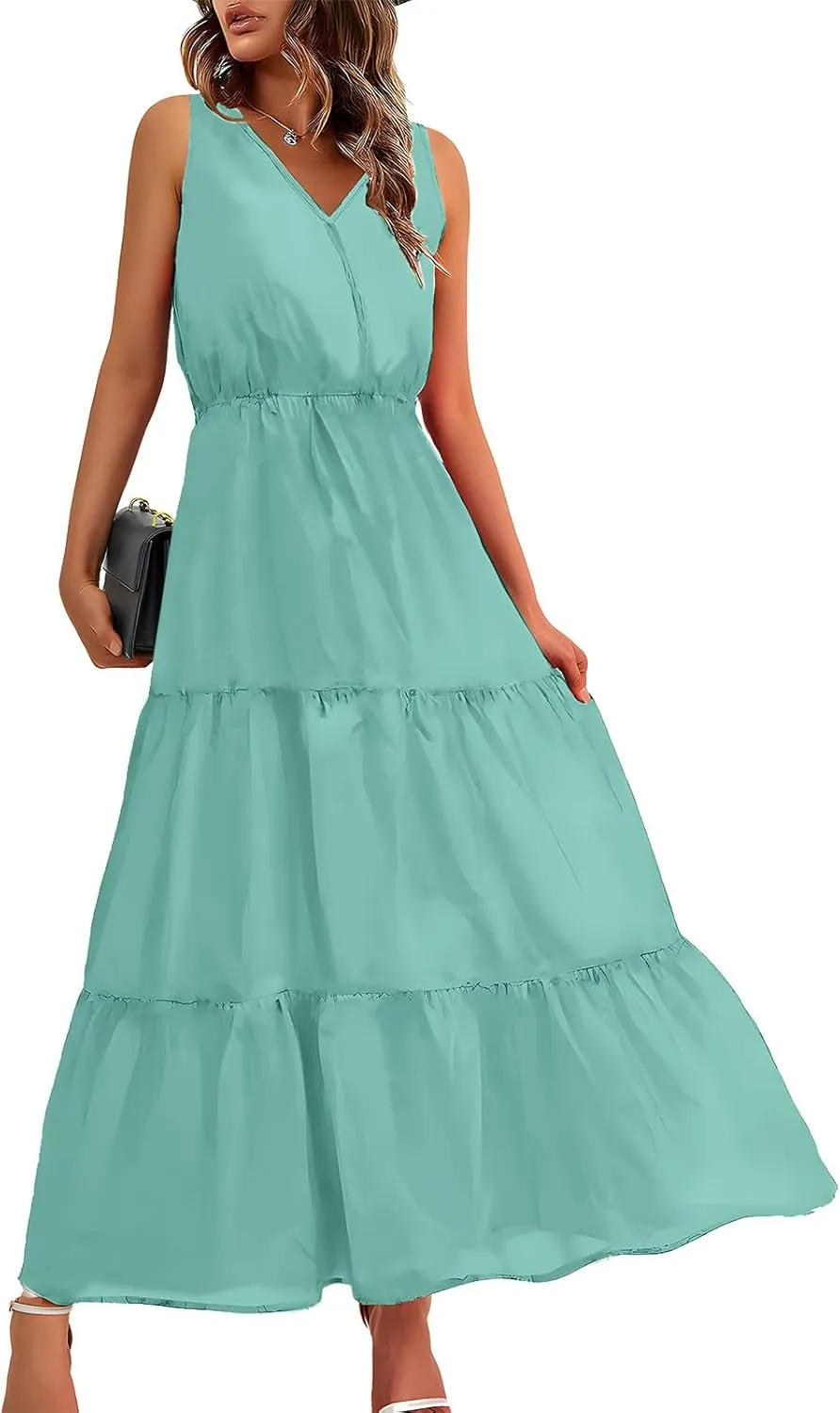 DOLKFU Womens Summer Dresses V Neck Trendy Flower Graphic Print Sundress Sleeveless Flowy Elegant Tiered Long Dresses