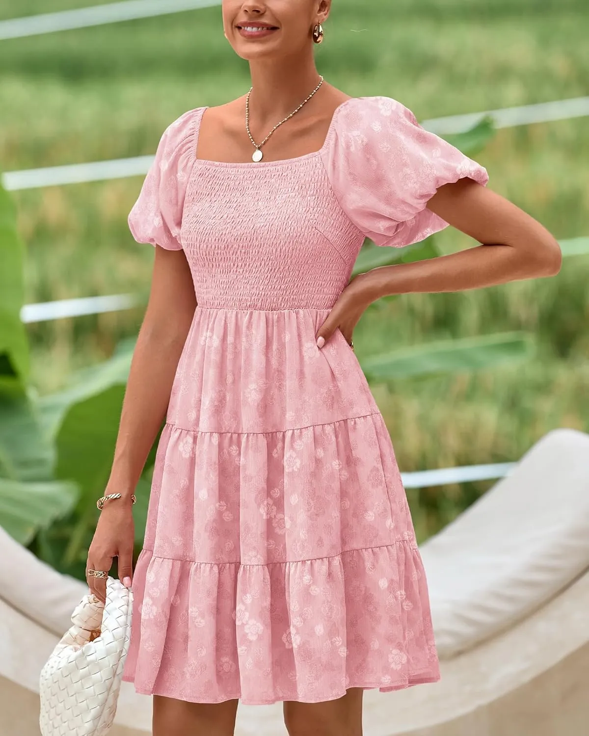 dowerme Womens Summer Dresses 2025 Puff Short Sleeve Square Neck Smocked Floral Wedding Guest Mini Dress with Pockets