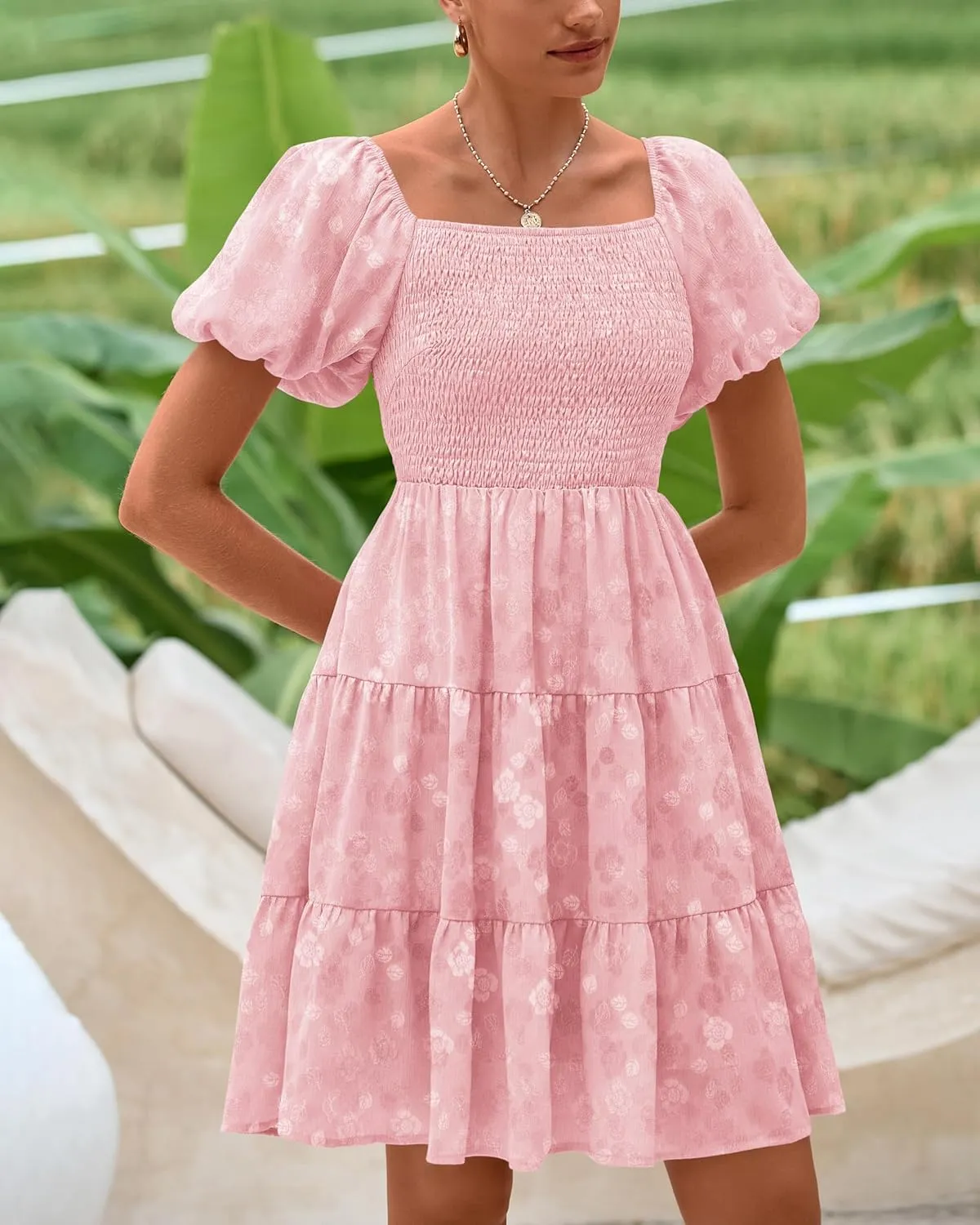 dowerme Womens Summer Dresses 2025 Puff Short Sleeve Square Neck Smocked Floral Wedding Guest Mini Dress with Pockets