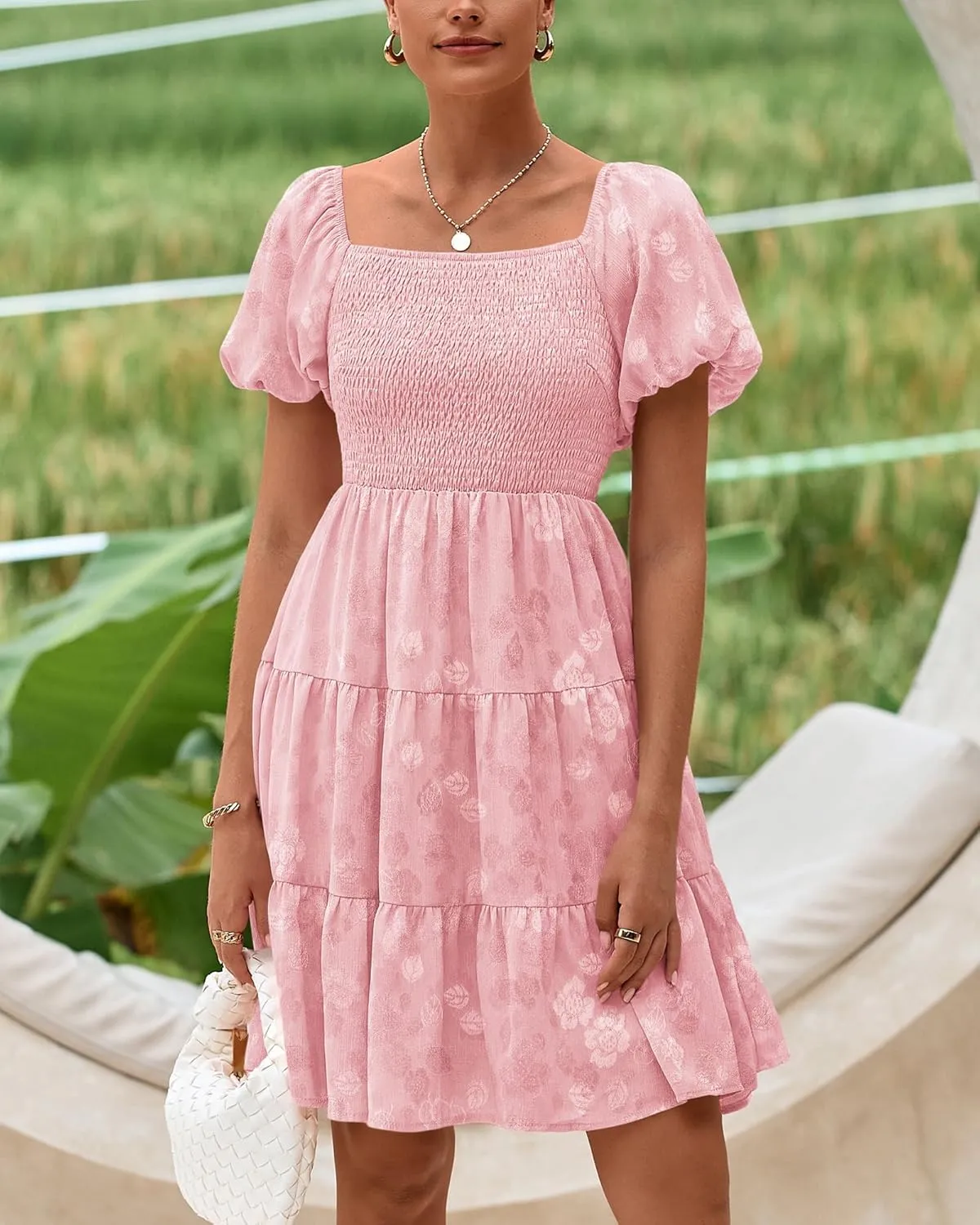 dowerme Womens Summer Dresses 2025 Puff Short Sleeve Square Neck Smocked Floral Wedding Guest Mini Dress with Pockets