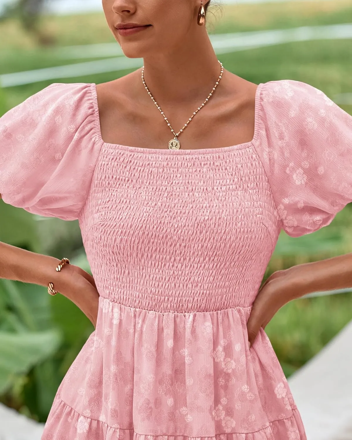 dowerme Womens Summer Dresses 2025 Puff Short Sleeve Square Neck Smocked Floral Wedding Guest Mini Dress with Pockets