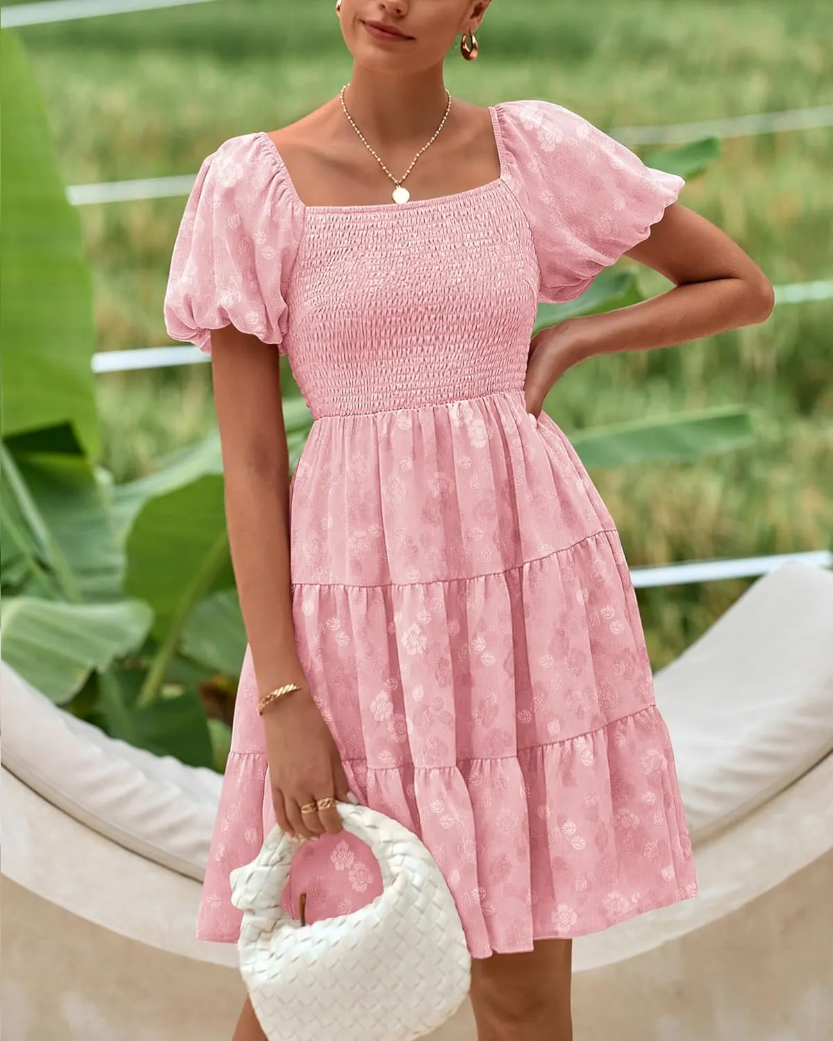 dowerme Womens Summer Dresses 2025 Puff Short Sleeve Square Neck Smocked Floral Wedding Guest Mini Dress with Pockets