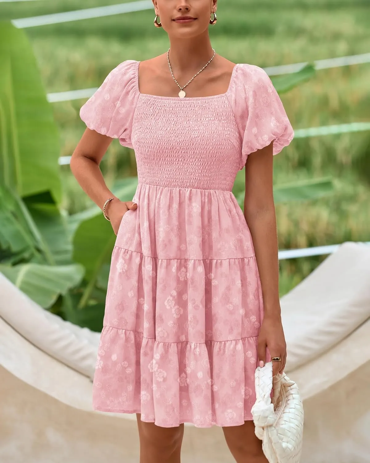 dowerme Womens Summer Dresses 2025 Puff Short Sleeve Square Neck Smocked Floral Wedding Guest Mini Dress with Pockets